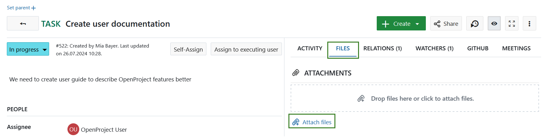 Manual attachment upload in an OpenProject work package