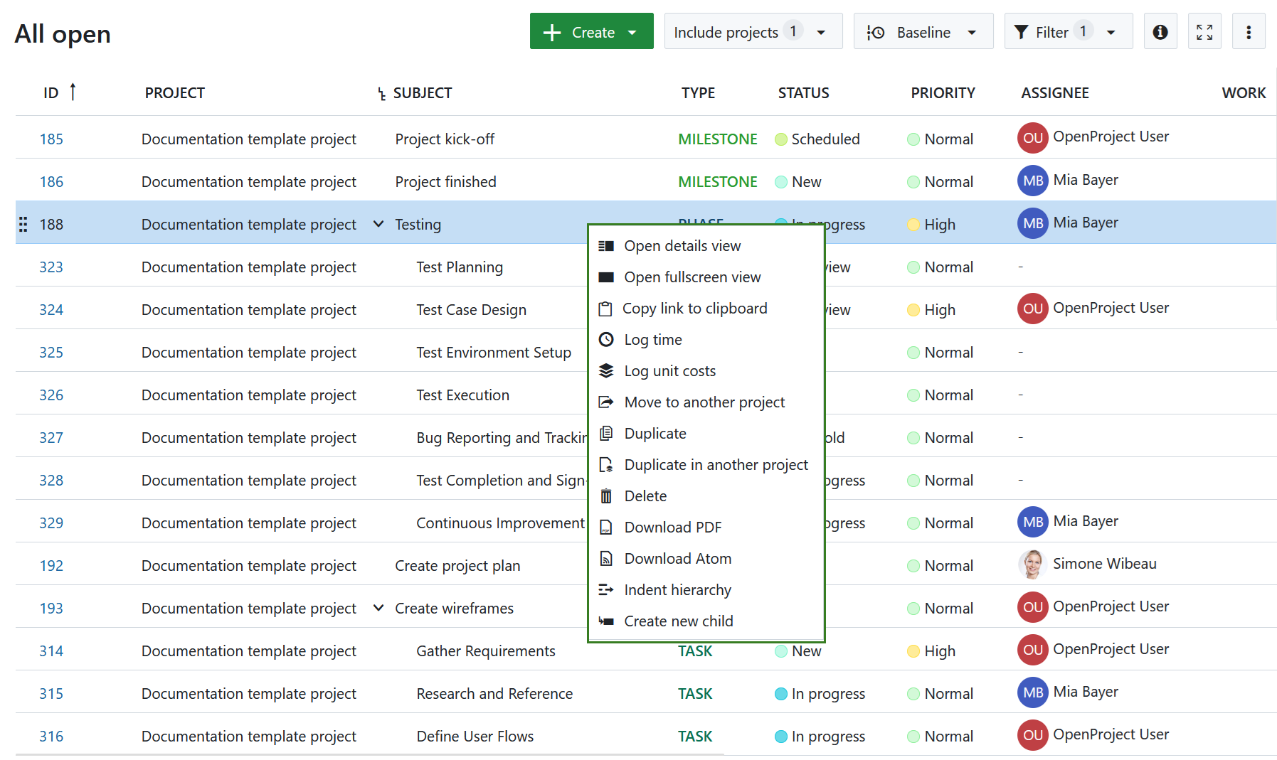 Menu contextuel rapide dans le tableau des lots de travaux d’OpenProject