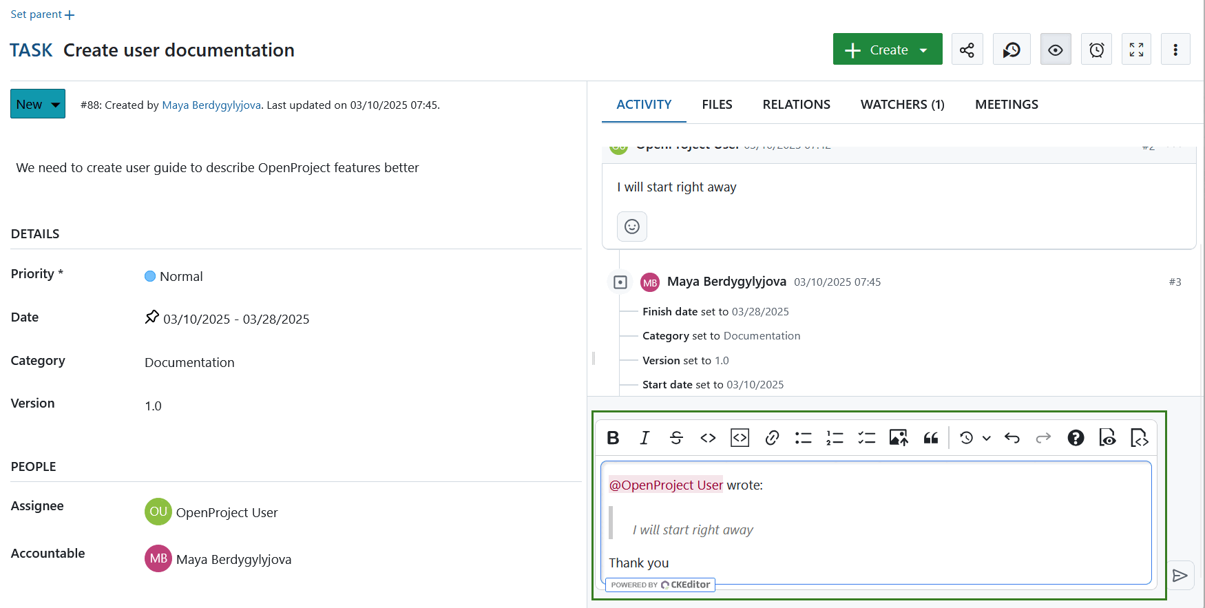 Quote reply to a comment in an OpenProject work package