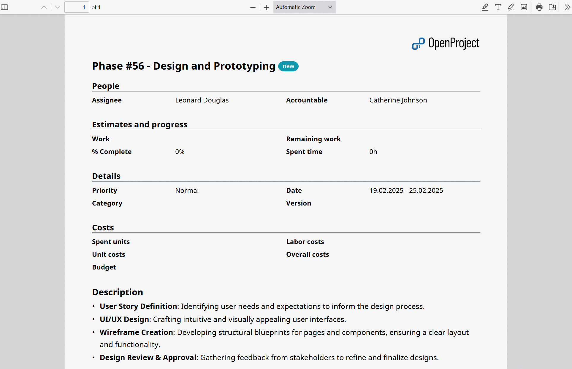 Example of a single work package PDF export in OpenProject