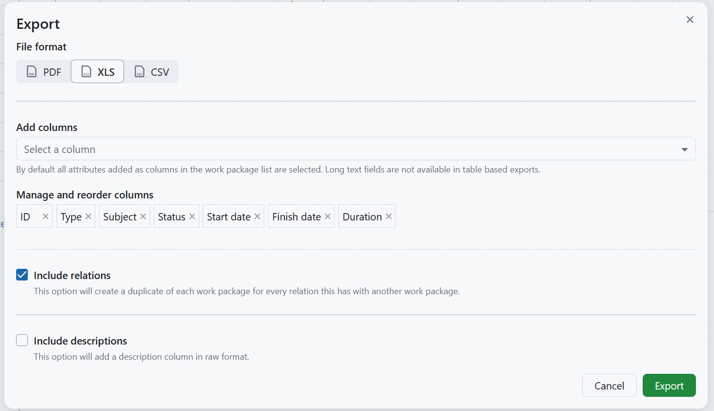 Work package export in Excel form in OpenProject