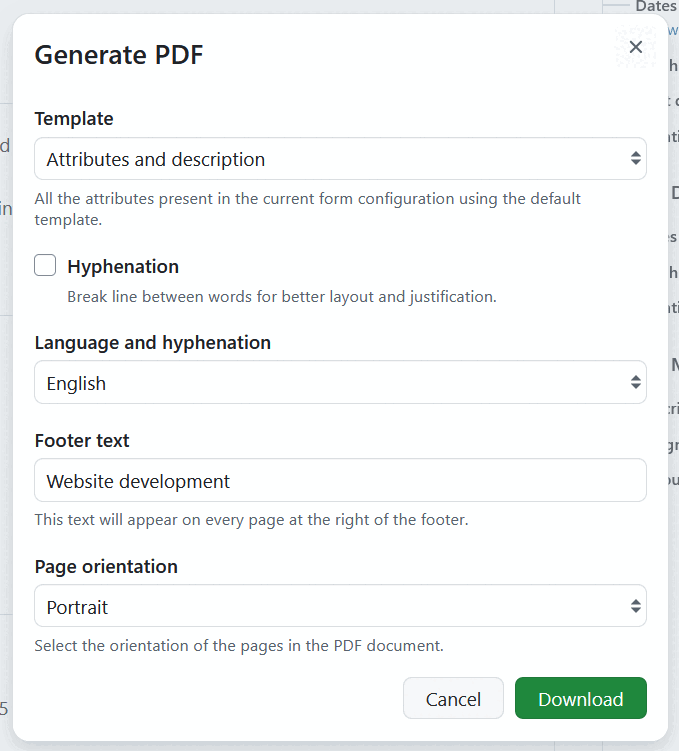 PDF generation modal for export of single work packages in OpenProject