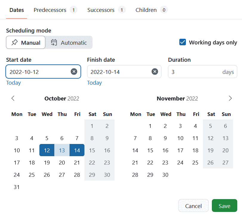A duration of 3 days automatically derived from the start and finish dates