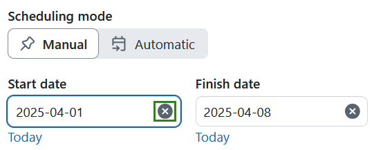 A focused date field has an X to clear it