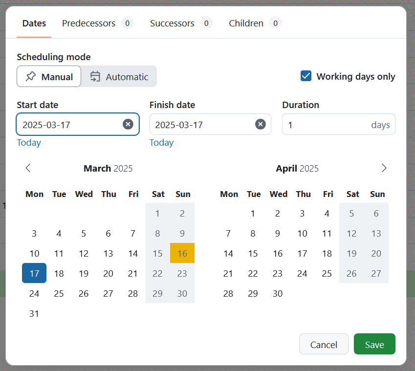 Date picker with the same start and finish dates in OpenProject