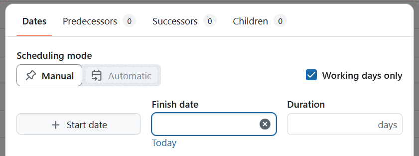 A date picker modal for a newly created work package in OpenProject, showing only finish date and a button to add a start date