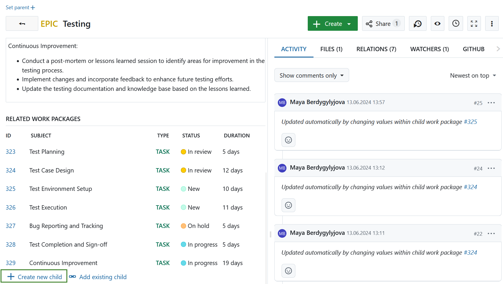 Eine Tabelle der verwandten Arbeitspakete in OpenProject