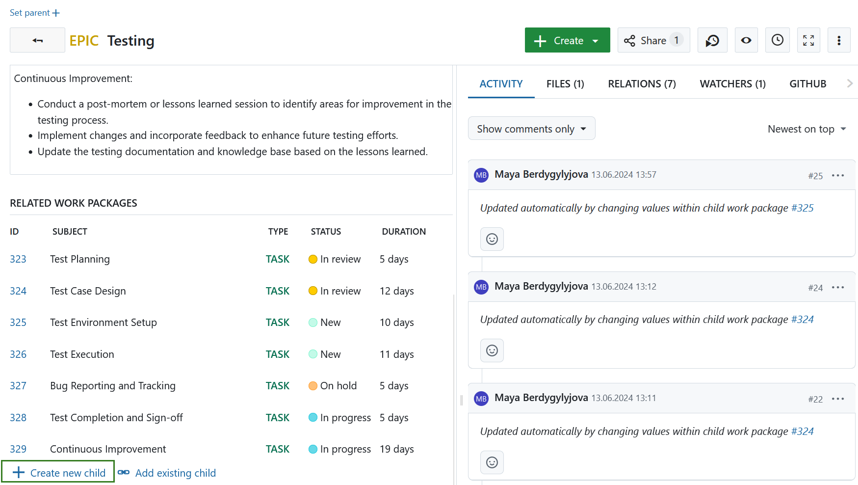 Una tabla de paquetes de trabajo relacionados en OpenProject