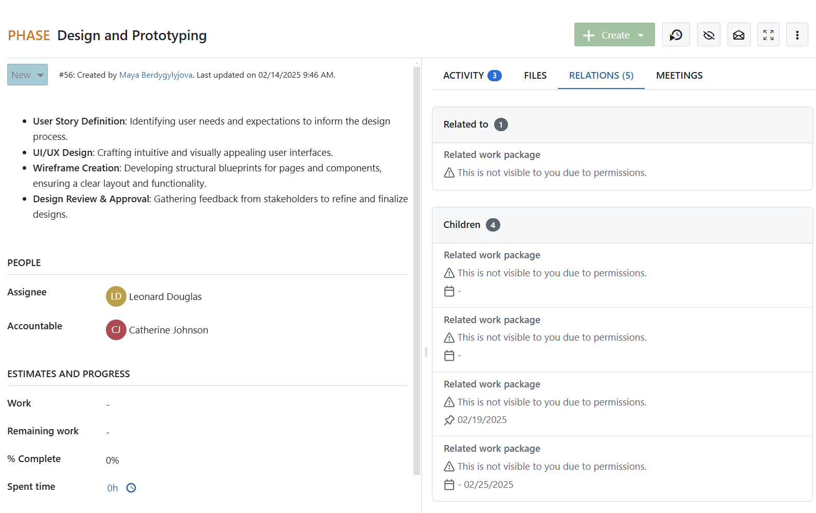 Example of work package relations displayed under Relations tab for a user with limited permissions in OpenProject