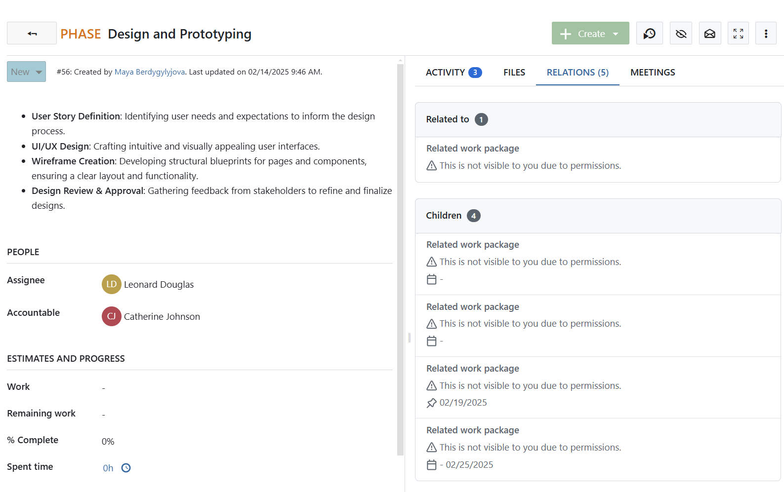 Example of work package relations displayed under Relations tab for a user with limited permissions in OpenProject