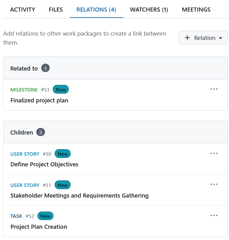 Work package relations displayed in the relations tab in OpenProject