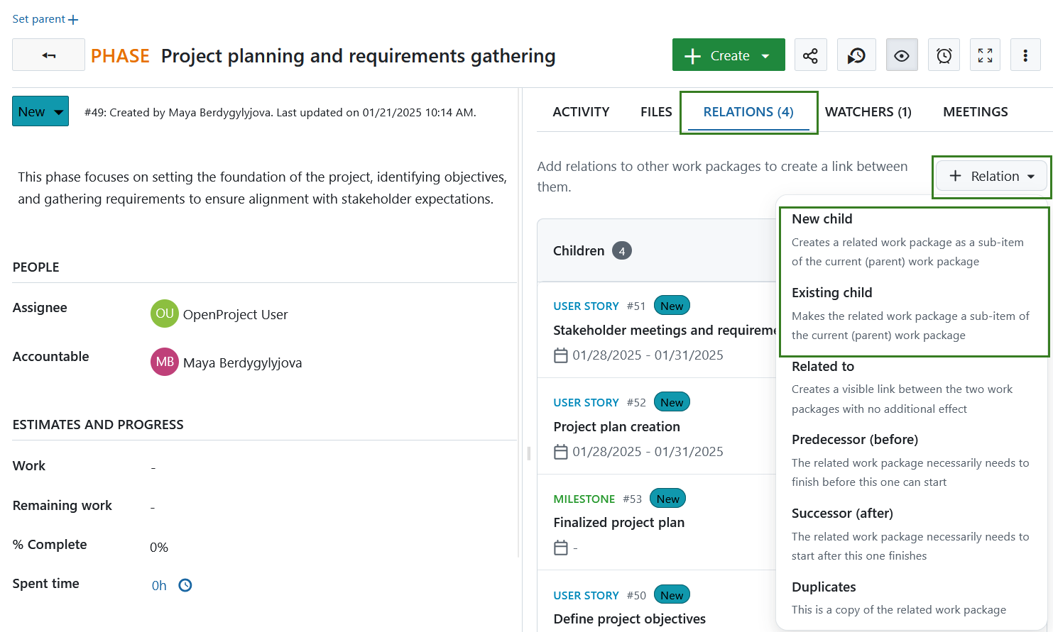 Añadir un elemento secundario a un paquete de trabajo en OpenProject