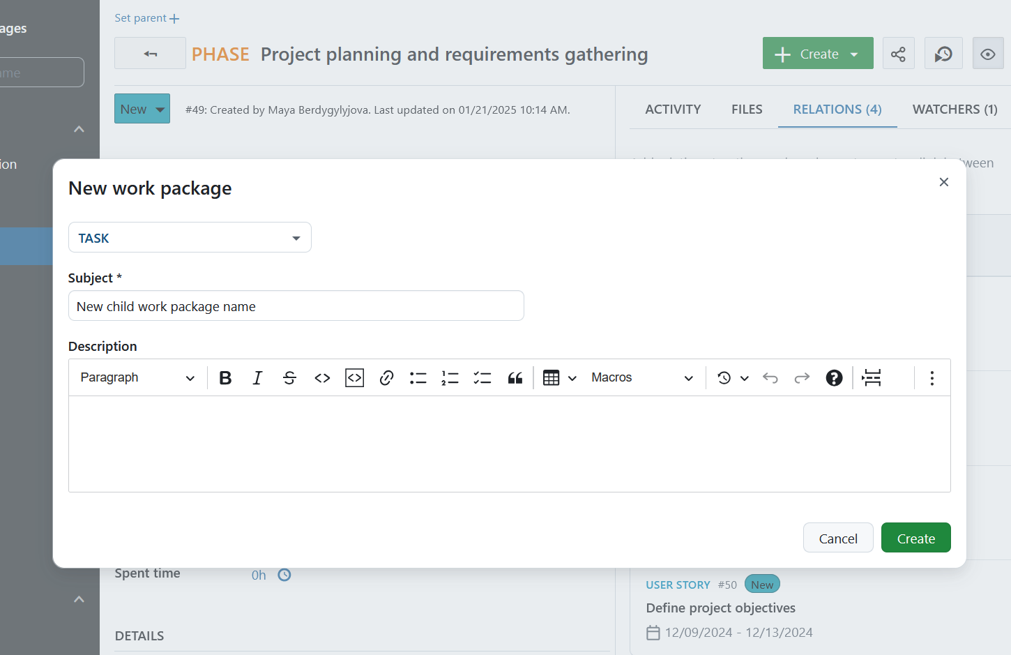 Crear un nuevo paquete de trabajo secundario en la pestaña Relaciones de OpenProject