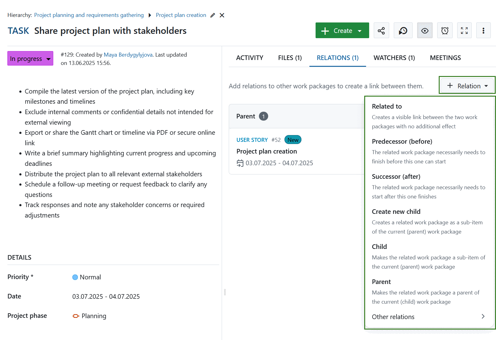 “Add relations” button under Relations tab in an OpenProject work package