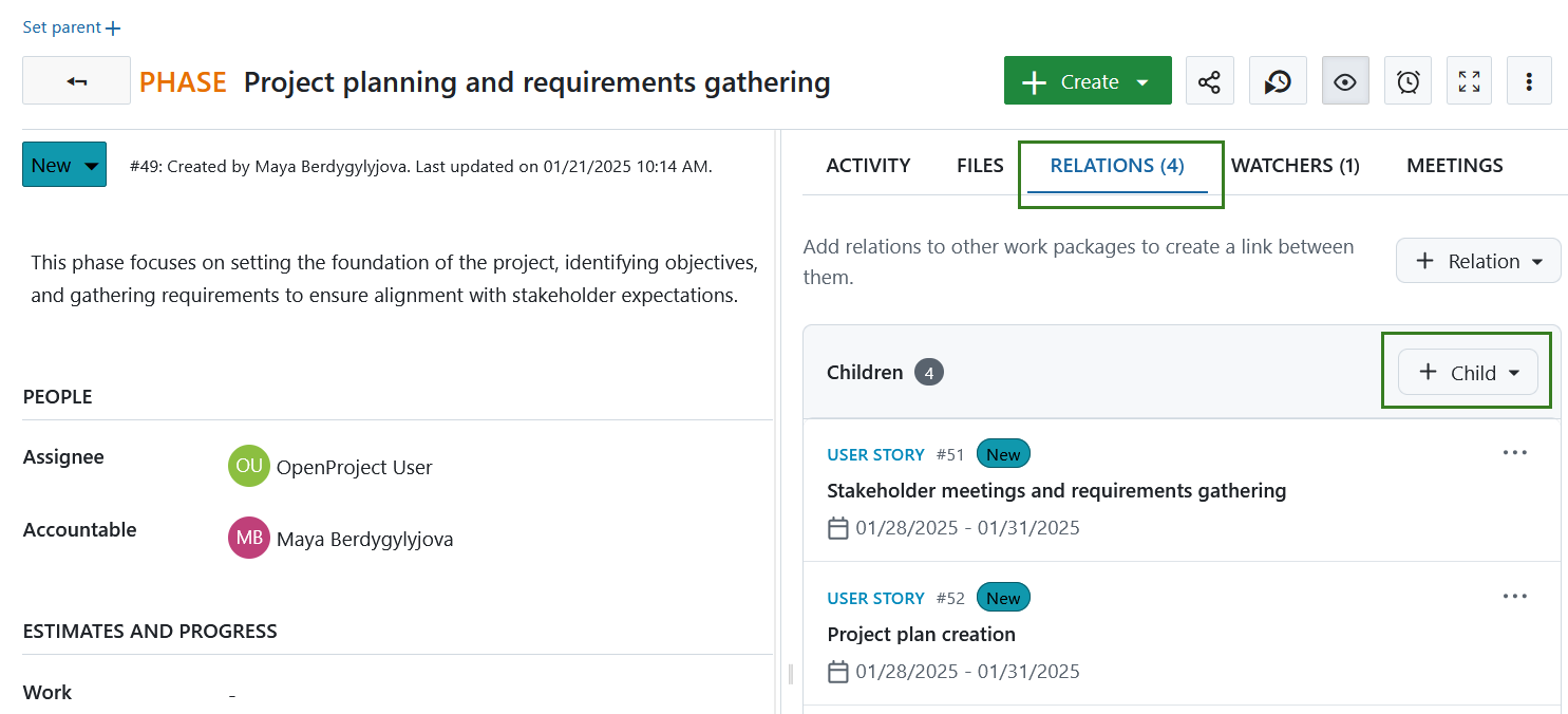 Create child button under work package Relations tab in OpenProject