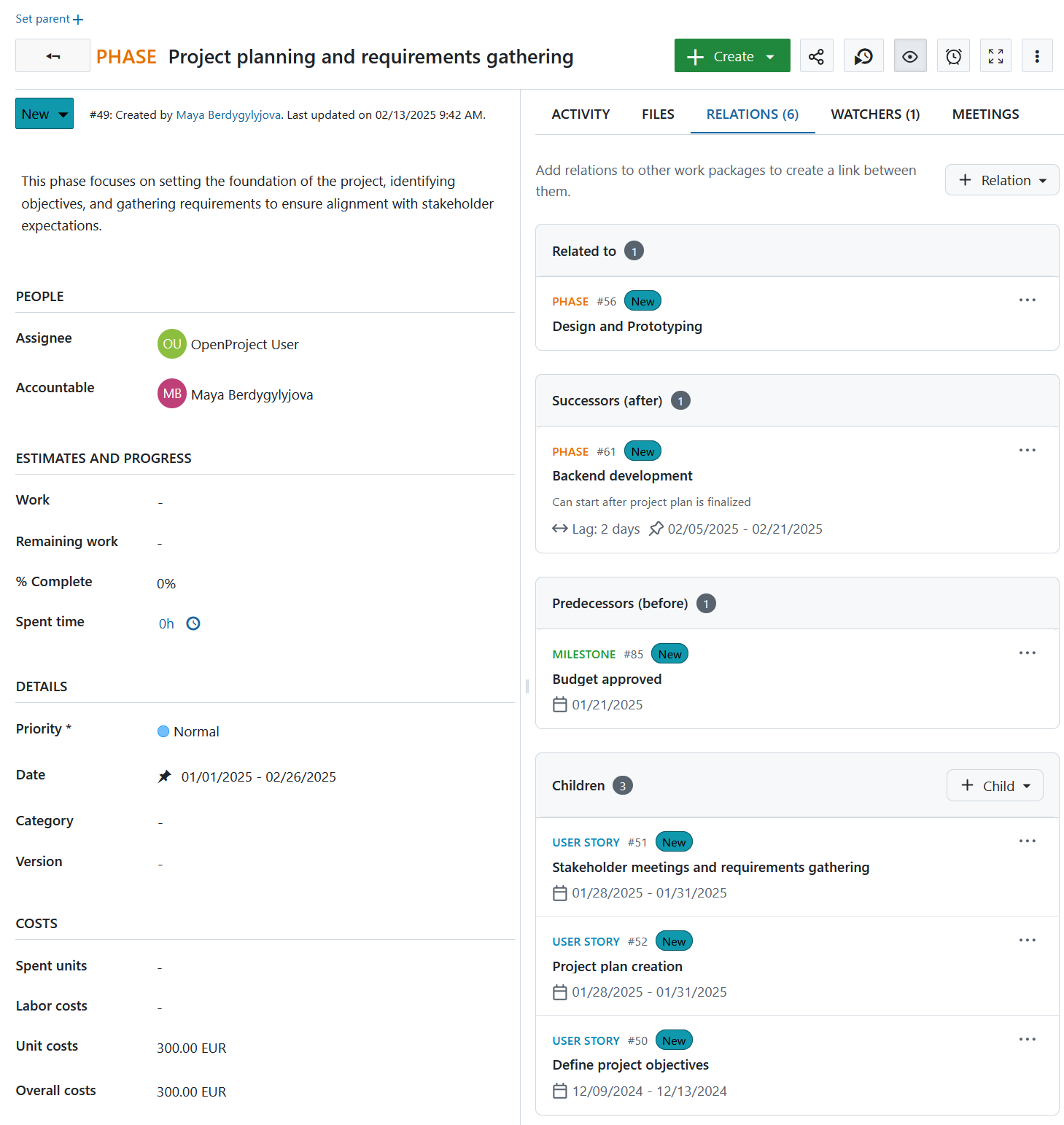 Relaciones del paquete de trabajo mostradas en la pestaña Relaciones en OpenProject