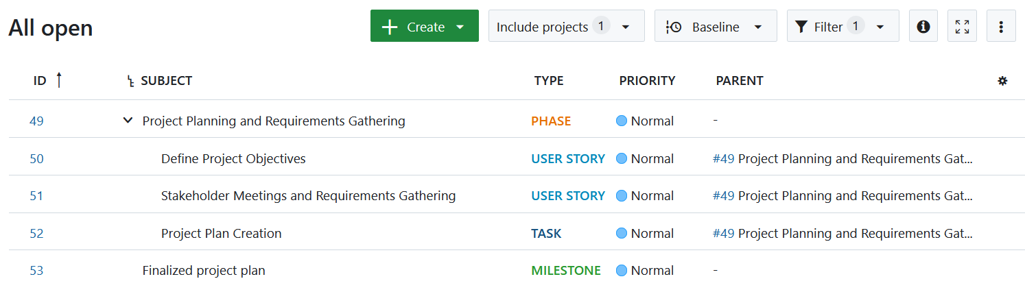 Seleccionar elemento principal como columna en tablas de paquetes de trabajo OpenProject