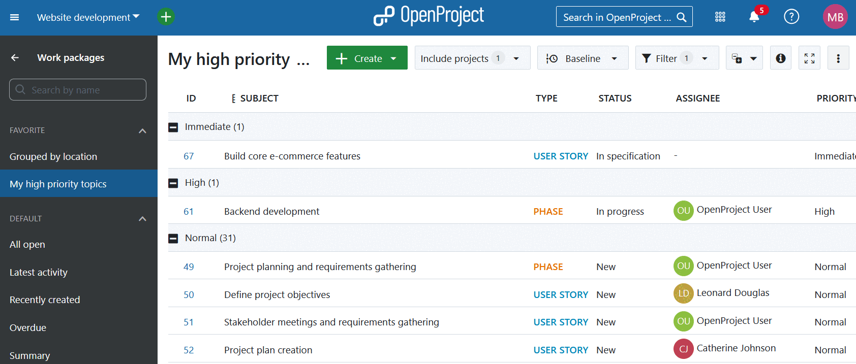 Favorited view in work package module menu