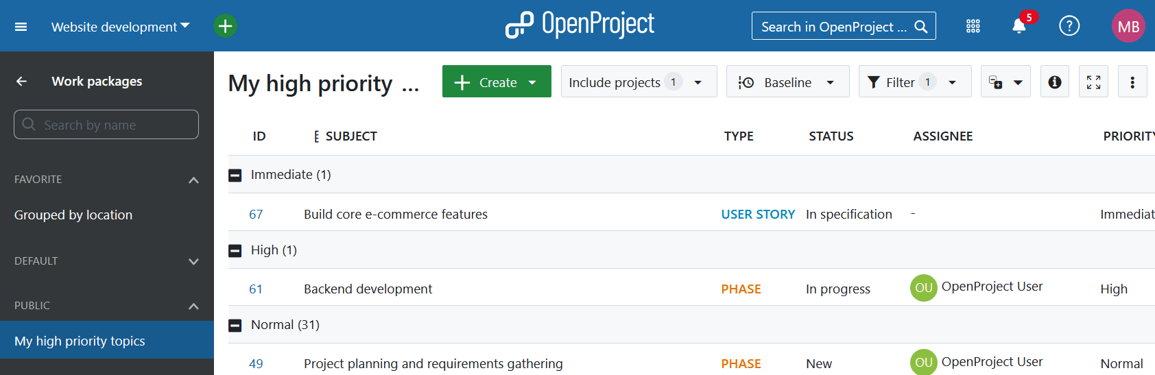 Public views in work packages menu in OpenProject