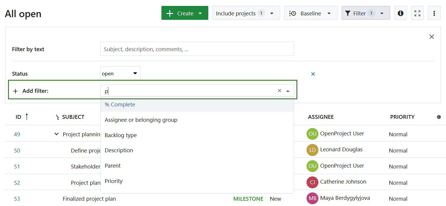 Form to add new filters to a work package table in OpenProject