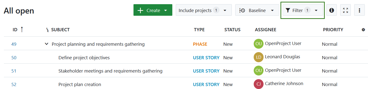 Filter button in work packages table in OpenProject