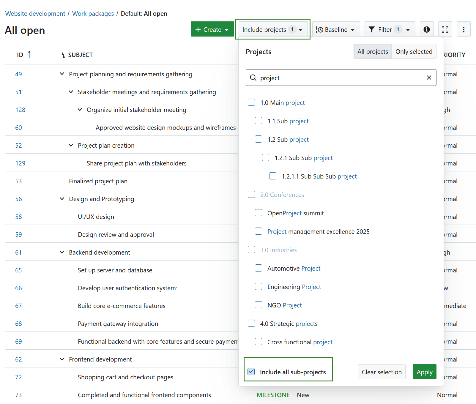 Filter to include sub-projects into a work package table in OpenProject