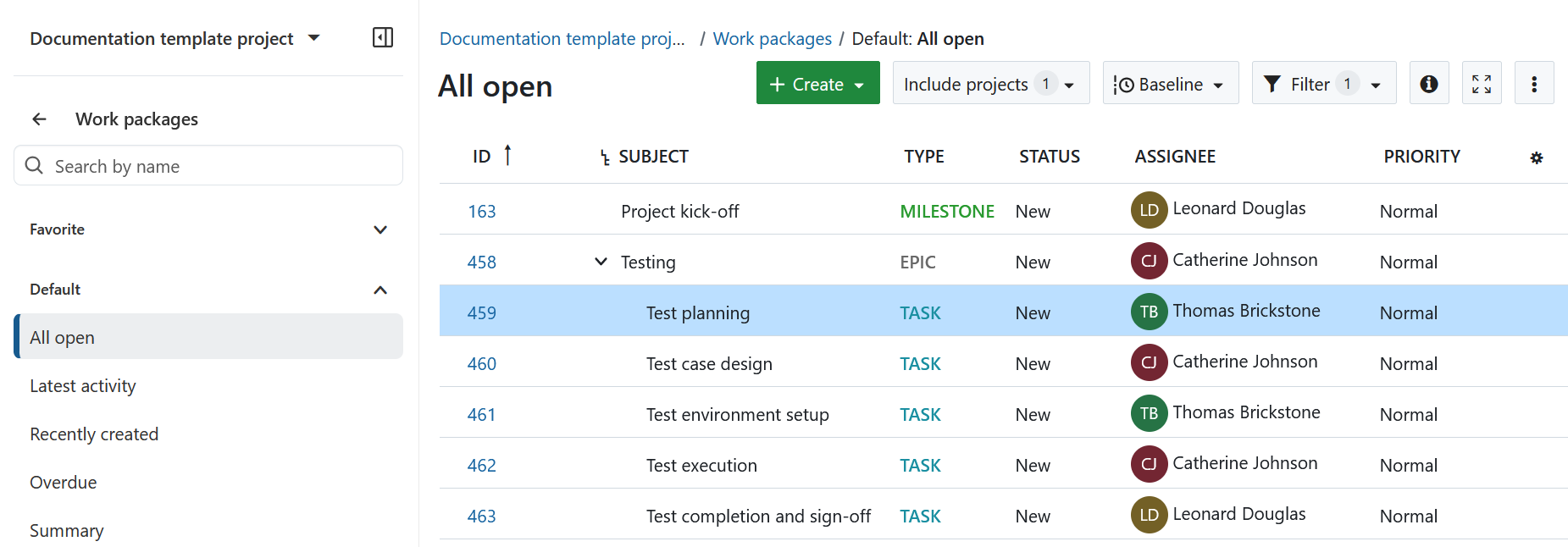 Work packages table view in OpenProject