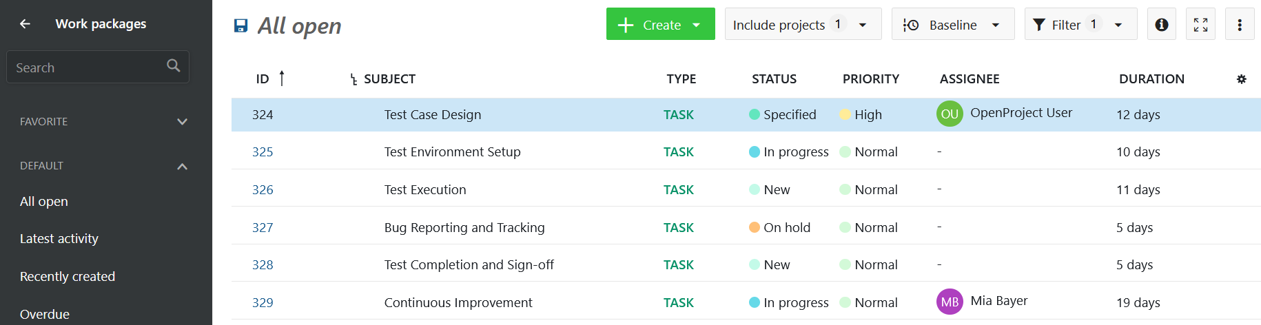 Work packages table view in OpenProject