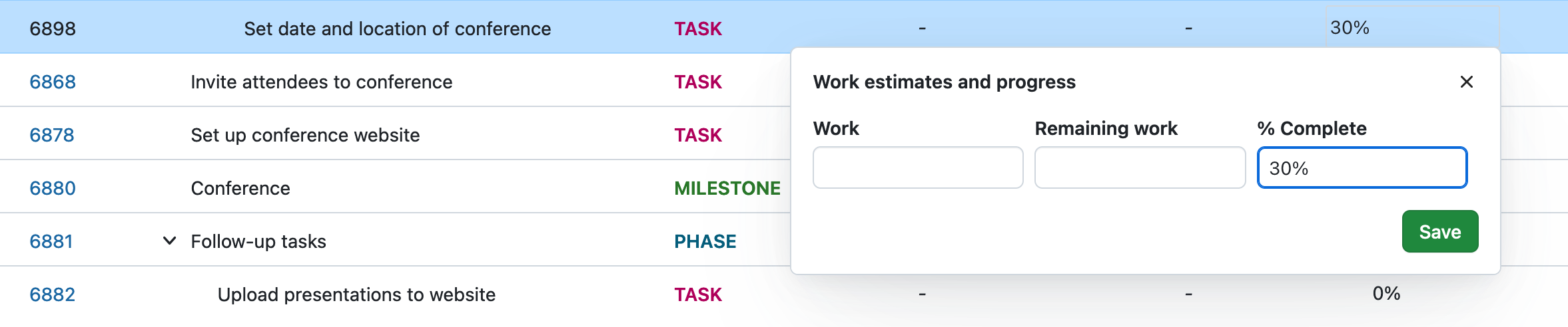 OpenProject percentage complete