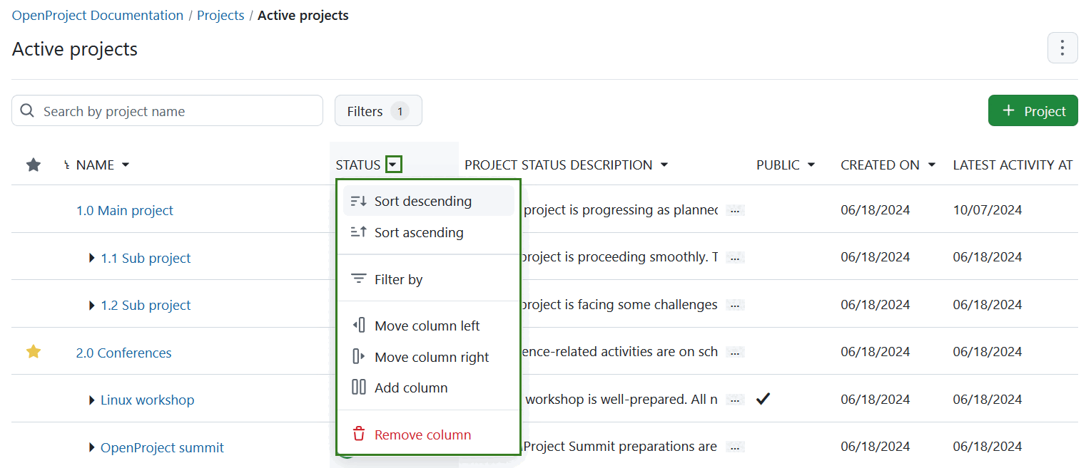 Configure project lists view by using column header dropdown menu