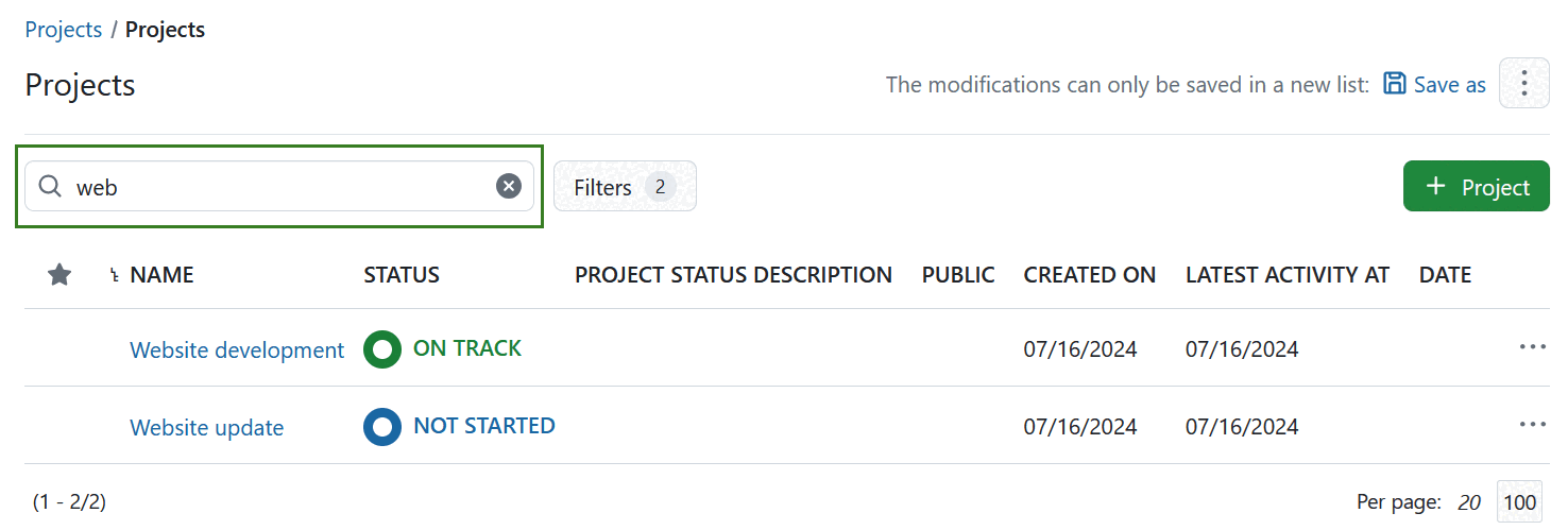 Filter project lists by project name in OpenProject
