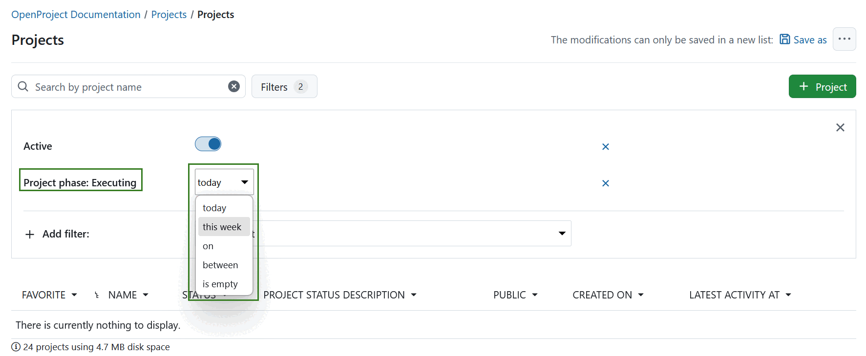 Project lists filtered by project phases and phase gates with a timeframe dropdown menu filter opened in OpenProject