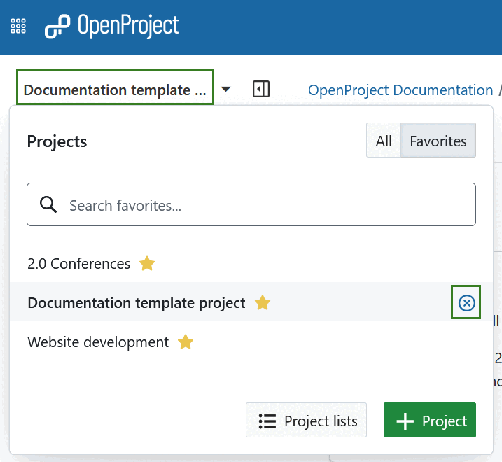 Icon to close an already selected project in the All projects dropdown menu in OpenProject