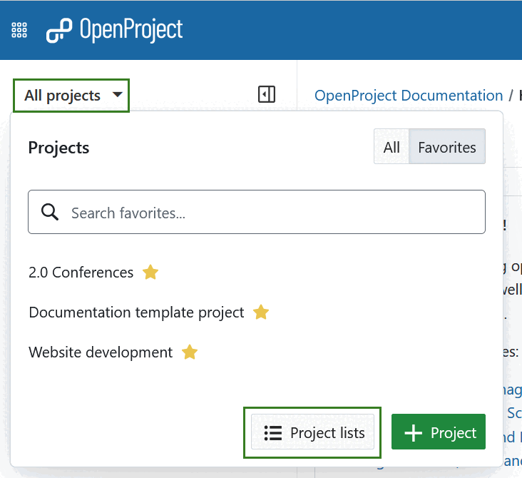 “Project lists” button at the bottom of the All projects dropdown menu in the header navigation of OpenProject