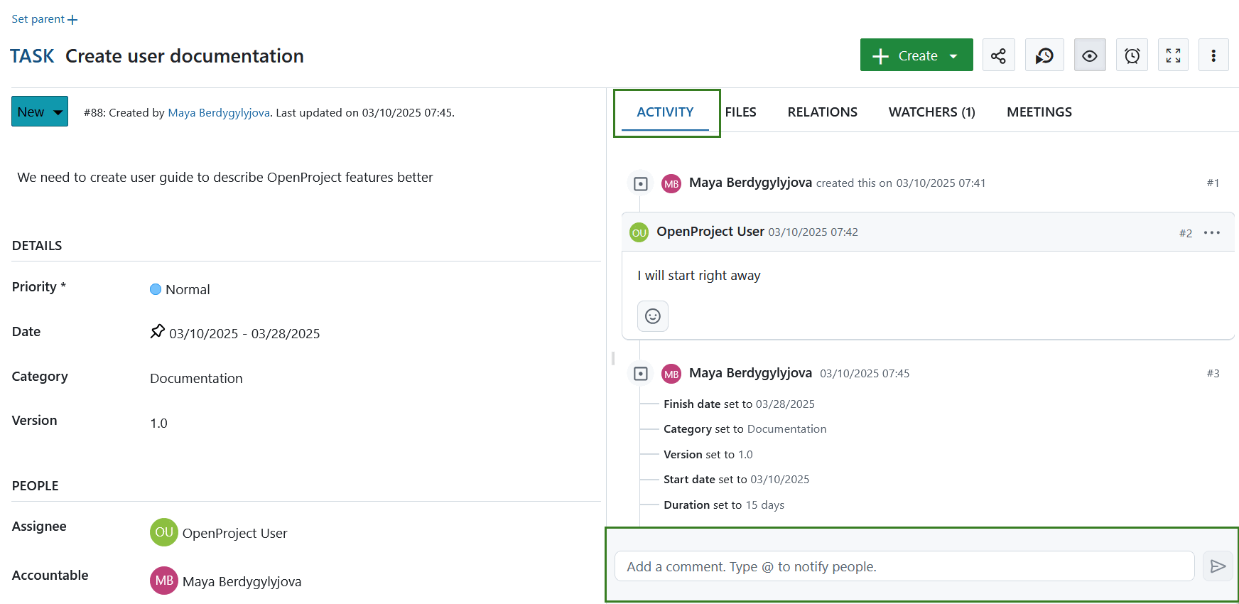 Comment on work packages in OpenProject