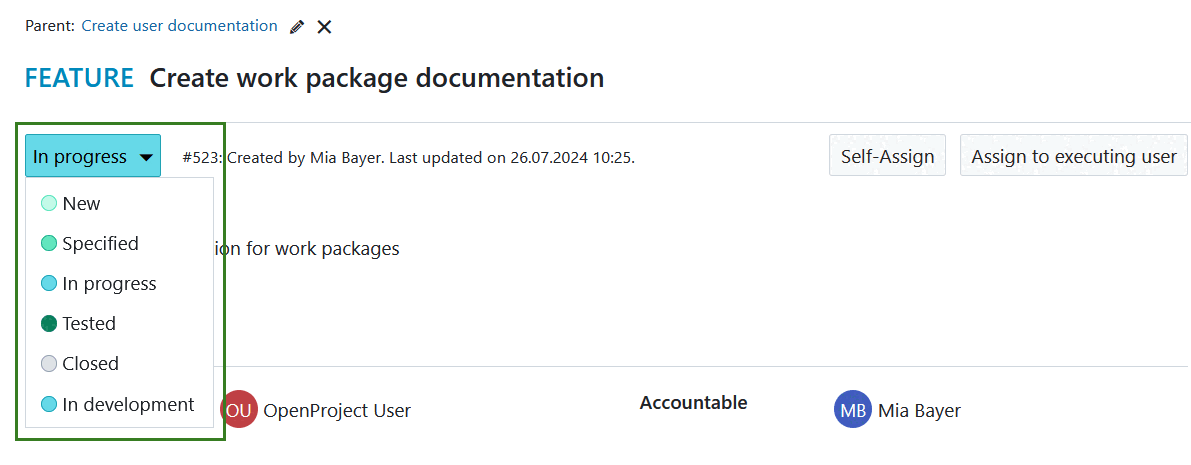 Update a work package status in OpenProject