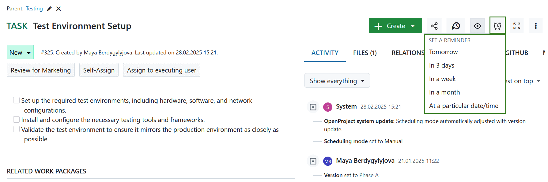 Pre-defined options for a work package reminder in OpenProject