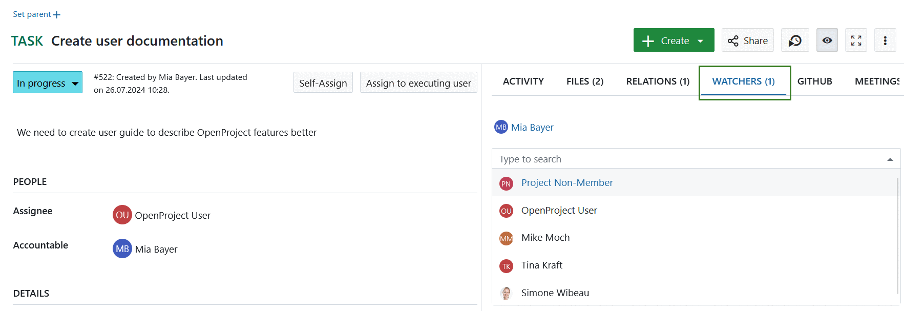 Add watchers to OpenProject work packages